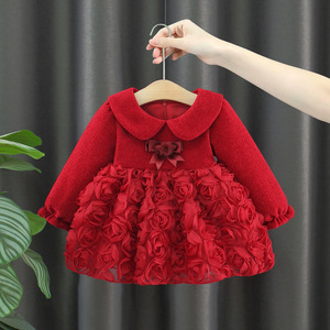 Vestito da Bambina Rosa e <span class=keywords><strong>Rosso</strong></span> a Maniche Lunghe con Fiori e Volant per Autunno Inverno 2026 - Product Image 1