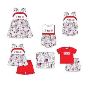 High Quality Kids 4th of July Clothing Toddler Boys Girls Sets Summer Girls Dresses Fireworks Flag Screen Print Baby Rompers