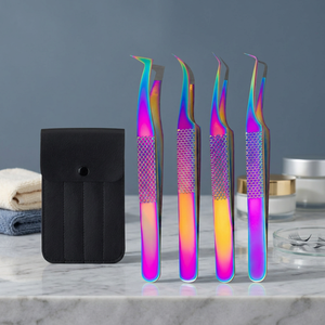 Precision Stainless Steel <b>Eyelash</b> Tweezers Set With Rainbow Finish And Black Leather Case For Lash Extension <b>Application</b> - Product Image 2