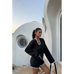 Black Ladina Flared <b>Linen</b> 2-Piece <b>Shorts</b> Set for <b>Women</b> Above <b>Knee</b> <b>Length</b> for Summer and Winter - Product Image 4