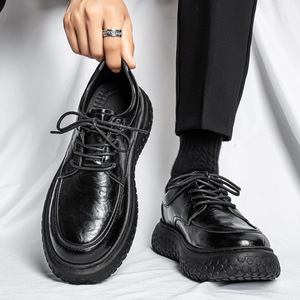 Chaussures en cuir pour hommes, style britannique, bout rond, dessus en cuir, semelle épaisse, polyvalentes, décontractées, confortables, baskets pour tous les jours - Product Image 3
