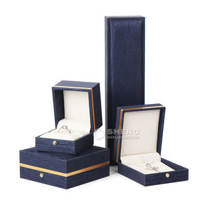 Caja de Joyería de Piel Sintética Azul con Logotipo Personalizado al por Mayor, para Collares, Pulseras, Pendientes y Anillos, con Borde Dorado - Product Image 1