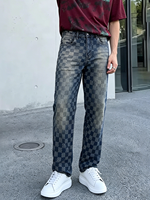 Nouveau Jean en Denim à Carreaux Damier pour Homme 2026 – Coupe Droite, Style Streetwear Hip Hop Vintage Délavé
