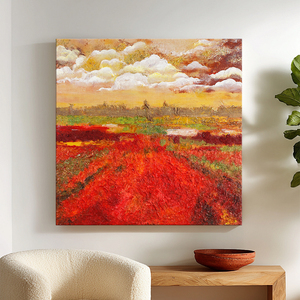 Peinture à l'huile sur toile texturée, paysage moderne peint à la main, coucher de soleil, champ de <span class=keywords><strong>fleurs</strong></span> rouges, Impasto, art mural, décoration d'intérieur haut de gamme - Product Image 3
