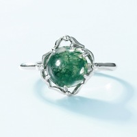 Ensemble de bijoux en agate verte naturelle ronde avec monture torsadée irrégulière en argent S925, comprenant des clous d'oreilles et une bague réglable à anse fendue