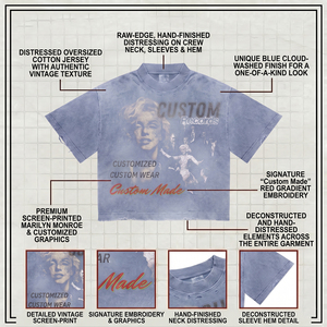 Camiseta Oversize de Gran Gramaje para Hombre, 300 g/m², Azul con Lavado Ácido, Estampado Gráfico Desgastado con Efecto de Gusano, Corte Holgado, Estilo Urbano - Product Image 3