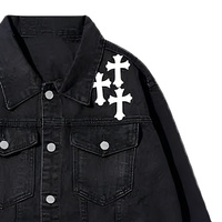 Veste en jean noir délavé pour homme, style gothique avec patch croix, manteau de camionneur vintage, streetwear, logo personnalisé OEM
