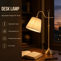 Lampe de table, lampe de bureau, hauteur réglable, abat-jour en tissu plissé, fer électroplaqué, laiton, E27, style vintage, chambre à coucher, bureau, lecture