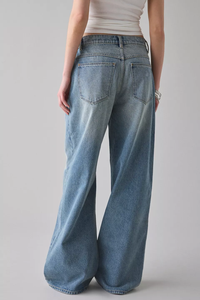 レディース サマー ヴィンテージデザイン デニムジーンズ 通気性 コットン ライト/ダーク スキニーフィット ボタン グレー ワイドレッグ ハイ スラントウエスト ダーク - Product Image 3