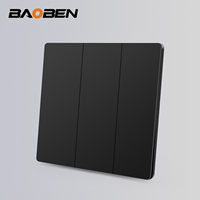 BAOBEN Panel Soket Sakelar Hitam Matte Ultra-Tipis Tipe 86, Rumah Tangga 16A Satu Tombol Kontrol Ganda 5 Lubang Dengan Lampu Neon