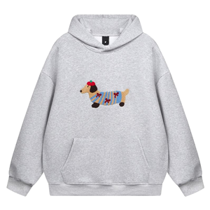 Sudadera Unisex Gris Jaspeado con Dachshund Bordado |   Suéter con Gráfico de Perro de Dibujos Animados |   Ropa Urbana de Forro Polar Suave y Grueso - Product Image 1
