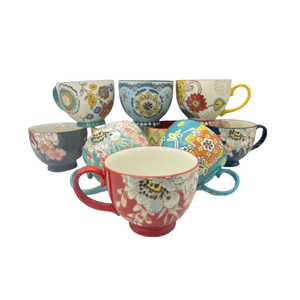 15oz 450ml Handmade Ceramic <b>Mugs</b> <b>Set</b> Colorful Glossy Glaze Hug <b>Mug</b> for <b>Coffee</b> Milk Soup Classic Design with Floral Pattern - Product Image 2