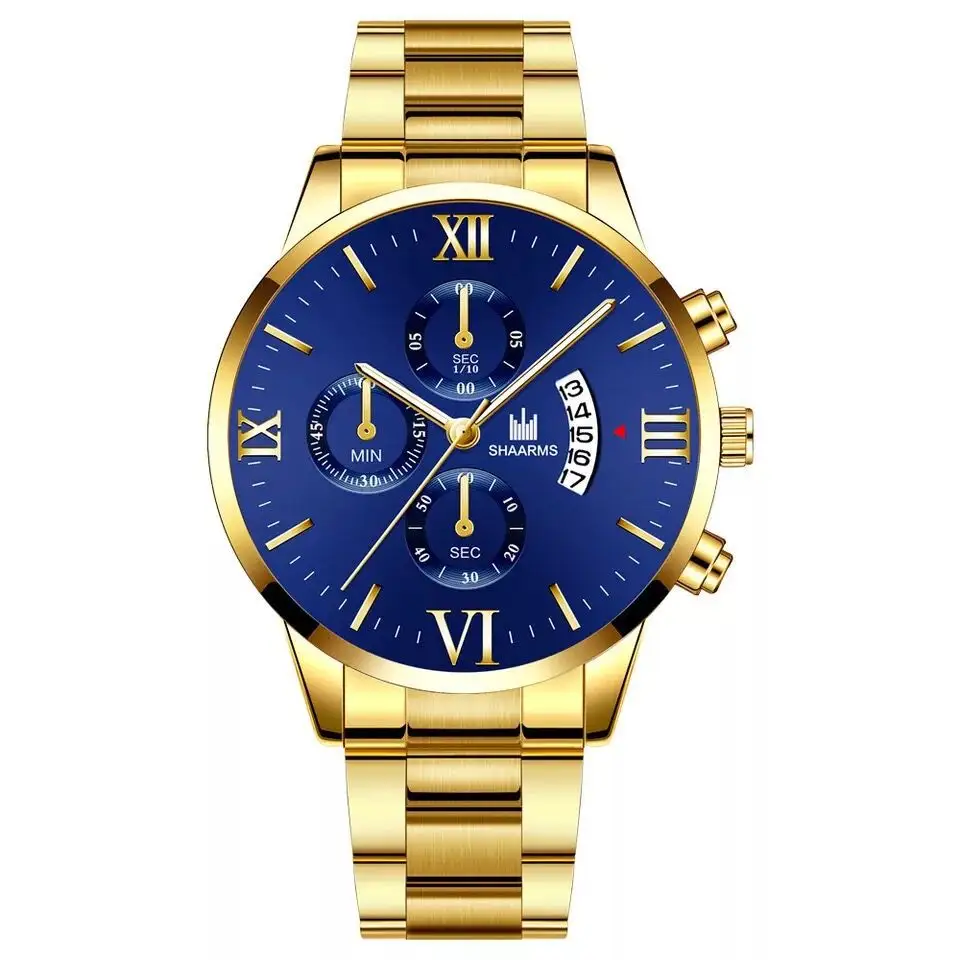 Men's Roman Face Quartz Watch Date Gold 2 PCS Stainless Steel Luxury Men's Quartz Watch & Bracelet