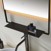 Miroir de salle de bain rectangulaire moderne avec éclairage LED et étagères, cadre en acier inoxydable classé IP44, design graphique