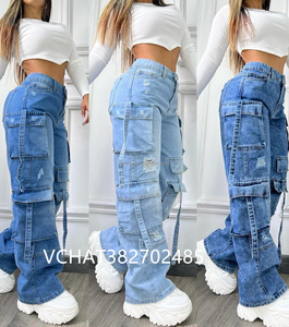 Pantalones Vaqueros <span class=keywords><strong>Cargo</strong></span> de Moda al por Mayor para <span class=keywords><strong>Mujer</strong></span>, de Color Liso, Talla Grande, de Cintura Alta, con Múltiples Bolsillos, Informales, de Mezclilla - Product Image 5