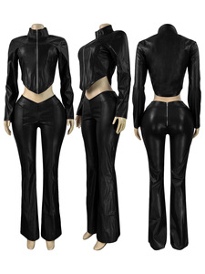 Hochwertiges Damen-Leder-Set, 2-teilig, Crop-Jacke, Oberteil, lange Hose, passendes Set, sexy Kunstleder-Zweiteiler, Damenbekleidung - Product Image 3