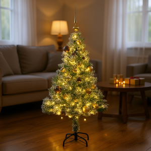 Sapin de Noël artificiel 150 cm floqué avec 150 lumières LED blanc chaud, décoration intérieure avec base autoportante - Product Image 2