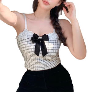 ファッションチェック柄タンクトップ女性ボウノットクロップキャミソール女性用トップチェック柄女性シームレスキャミソール快適トップタンクブラパッド付き - Product Image 1
