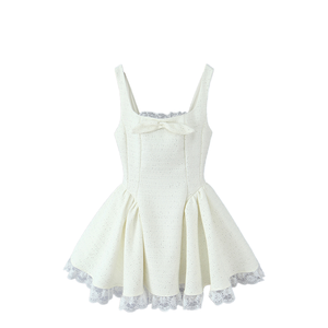 Minivestido Casual de Verano para Mujer, con Tirantes Finos, Color Beige, Pliegues en la Parte Inferior, Encaje, Transpirable, Tejido, Cintura Natural - Product Image 1