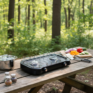 Réchaud à gaz portable double foyer en acier inoxydable BBQ-128 pour camping extérieur, conception sécurisée, prise en charge des langues française et néerlandaise, haute performance - Product Image 5