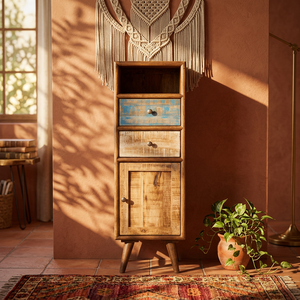 Modern Solid Oak Modular Handmade <b>Tall</b> Dresser with 2 <b>Drawers</b> and Cabinet Door for Bedroom and Living Room Storage - Product Image 1