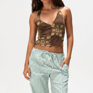 New Beach Hawaiian Print Washed Backless Halter Neck <b>Top</b> with Custom Ribbed Cotton <b>Cropped</b> <b>Top</b> - Product Image 4