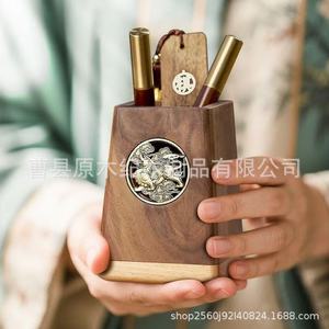 Portalápices cuadrado de madera de nogal negro, adorno de escritorio de estilo chino, almacenamiento de papelería de oficina, regalo para profesores - Product Image 5