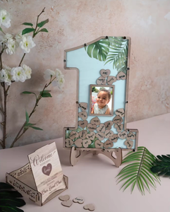 Cadre photo en bois pour livre <span class=keywords><strong>d</strong></span>'or 40x26,67 cm en forme de cœur, carte de vœux <span class=keywords><strong>d</strong></span>'<span class=keywords><strong>anniversaire</strong></span>, panneau <span class=keywords><strong>d</strong></span>'inscription pour enfants de 1 an, logo personnalisé, DIY en bois - Product Image 2