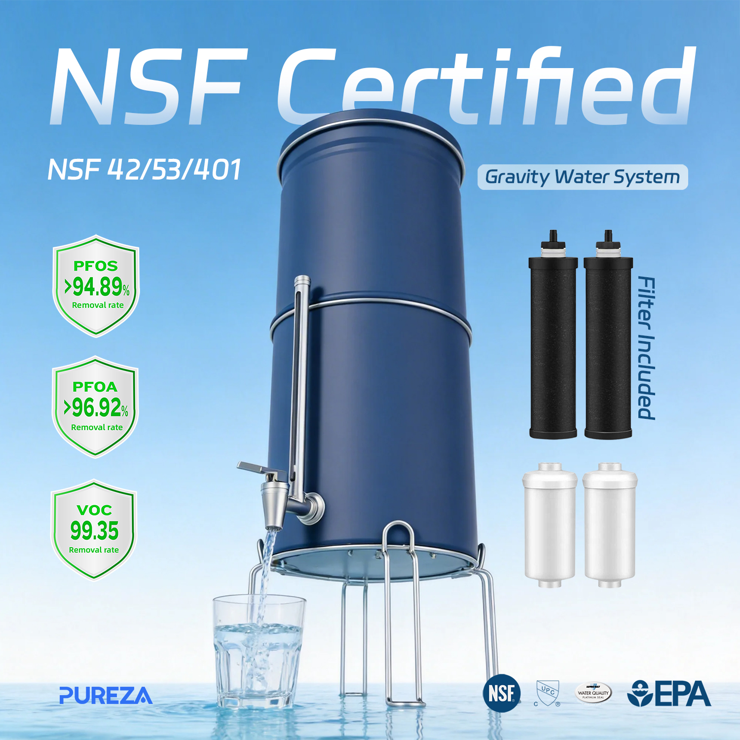 2.25G dark blue 304 Steel Gravity Water filter