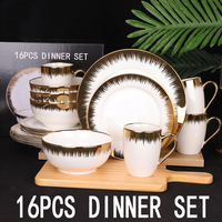 Exportation, Vente Chaude : Service de Table en Céramique 16 Pièces, 16 ou 18 Pièces, avec Assiettes Dorées Électroplaquées