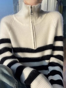 2025 Custom Cashmere Knitted Women Strip Half-zip Cashmere Women <strong>Sweater</strong> - Product Image 5