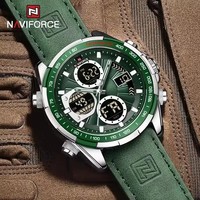 NAVIFORCE 9197 jam tangan Digital Quartz pria, jam tangan olahraga mewah tali kulit LCD dengan Alarm antiair dan tampilan ganda