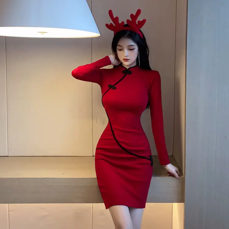 Vestido de Natal elegante estilo chinês Cheongsam vermelho mini outono feminino de manga comprida elegante e doce QMHL
