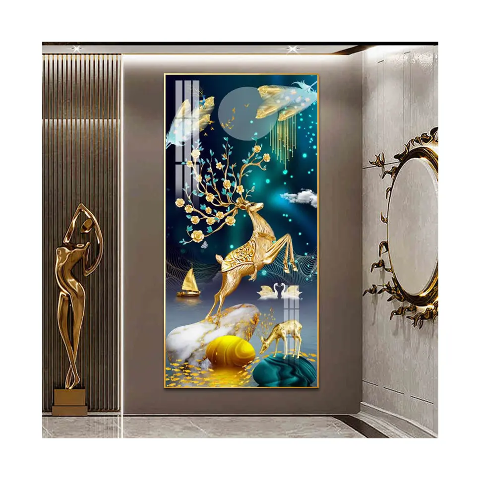 Высокое качество пейзаж Золотой олень благоприятная живопись Декор для гостиной Хрустальный фарфор настенное искусство