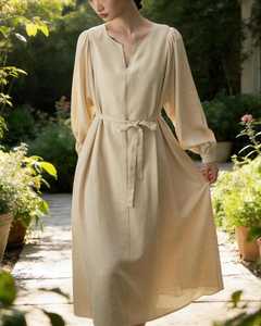 Women's Linen Cotton <b>Maxi</b> <b>Dress</b> Short Sleeve V Neck Regular Fit Minimalist Casual A-Line Silhouette Belt Eco-Friendly Wholesale - Product Image 6