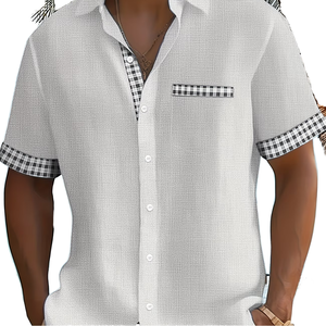 Men Casual Short Sleeve <b>Geometric</b> Print <b>Shirt</b> Button Pocket Design Light Polyester Plus Size Anti-Wrinkle for Beach Summer - Product Image 2
