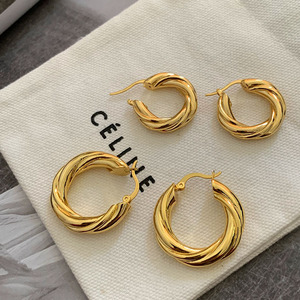 Oro de 18 quilates relleno grueso wisted retro minimalista diseño dorado trenzado grueso chapado en oro nudo mujeres Loop pendientes de aro joyería - Product Image 2