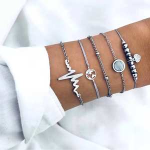 Fashion Jewelry Sets Women's Silver Plated Alloy Bracelets Trendy Heart Beaded Chain Set With <b>Map</b> And Crystal Charms - Product Image 6