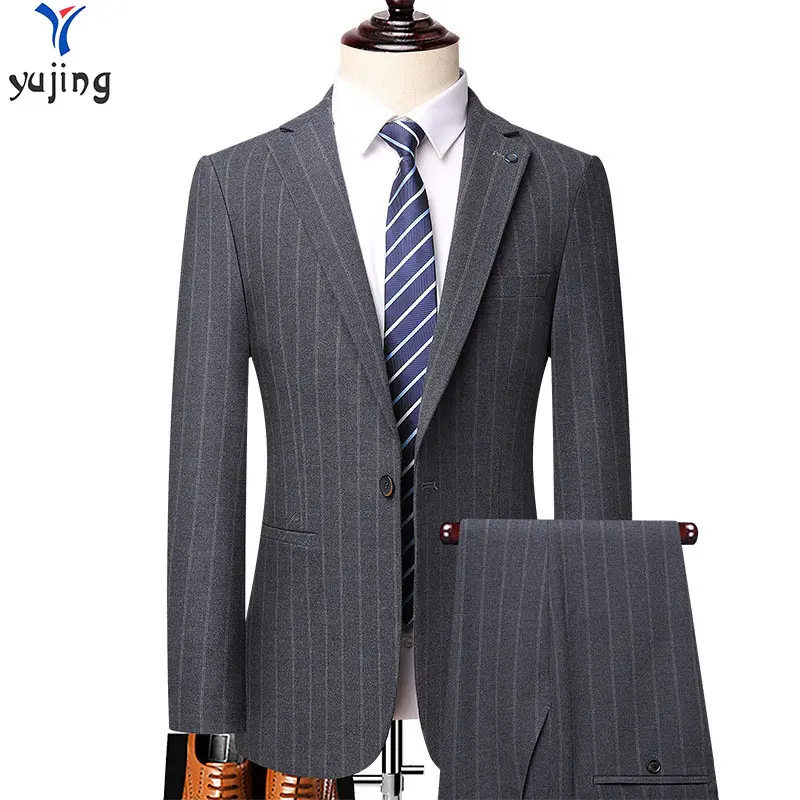 Men High Quality Dark Grey Stripped 2 Piece Business Ready To Ship Wedding Formal Suits