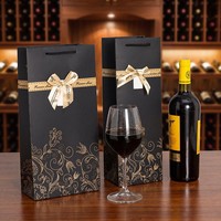 Luxury Eco-Friendly Black Polka Dot Art Paper Wine Gift Bag Ribbon Bow Custom Logo Single Bottle Cardboard Champagne Embossed