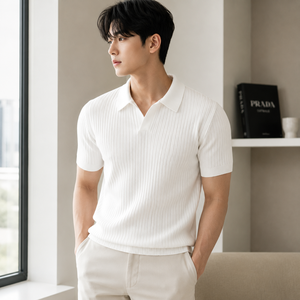Polo pour hommes coréens style Old Money, tricot côtelé, manches courtes, luxe discret, décontracté, logo personnalisé, polo en maille blanc premium - Product Image 1
