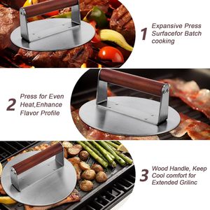 Presse à hamburgers antiadhésive en acier inoxydable avec manche en bois pour accessoires de grillades extérieurs - Product Image 3