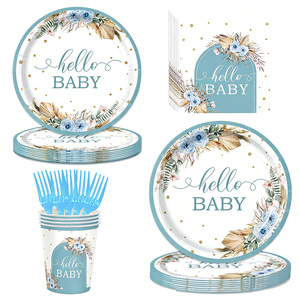 640437 120 pièces Assiettes, gobelets, serviettes et couverts en papier bleus pour bébé - "Hello Baby" pour révélation du sexe ou fournitures de fête pour bébé garçon - Product Image 1