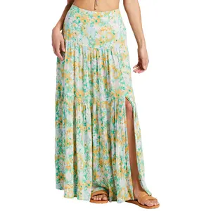 महिलाओं की गर्मियों के कपड़ों की समुद्र तट स्कर्ट उच्च कमर आकस्मिक Pleated साइड भट्ठा Ruffles देवियों पुष्प प्रिंट मैक्सी स्कर्ट