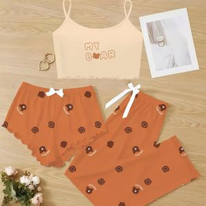 ชุดนอนผู้หญิงแบบสามชิ้น กางเกงขาสั้น ลายการ์ตูน สายเดี่ยว เสื้อผ้าใส่ในบ้าน เนื้อผ้านุ่ม ระบายอากาศได้ดี - Product Image 4