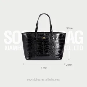 High Quality Luxury OEM Customized Crocodile Leather Black Tote With Golden Foil Logo For Women Croc Purses
