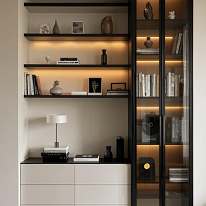 Bibliothèque en bois massif de couleur noyer Étagère murale intégrée Vitrine de <span class=keywords><strong>salon</strong></span> sur pied <span class=keywords><strong>Rangement</strong></span> de livres - Product Image 2