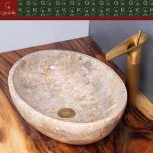 Lavabos de salle de bain en marbre fossile crème GOLDKING, lavabos ovales sur mesure pour salle de bain moderne - Product Image 2