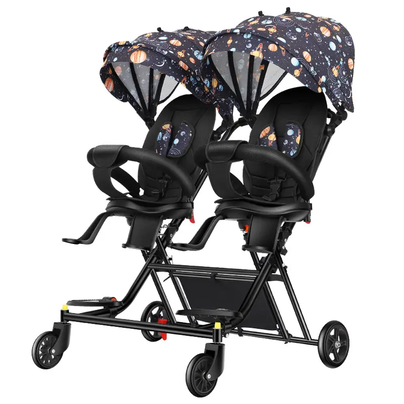 Baby Walker Kembar Baru, Kereta Dorong Empat Roda Portabel/Dapat Dilipat dengan Kursi Berputar Yang Dapat Berbaring dan Melangkah Di Kedua Kaki