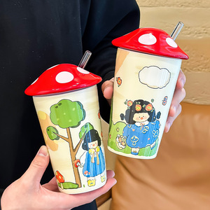 New Design 16oz <b>Ceramic</b> Coffee Mug <b>Cup</b> with Mushroom Lid and Straw - Product Image 2